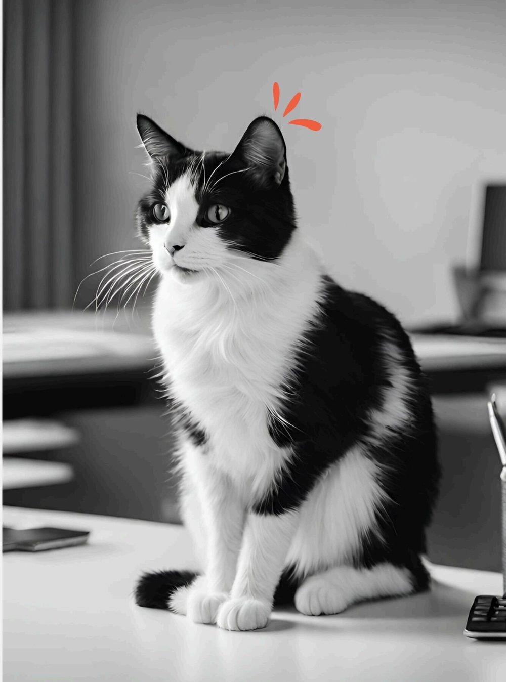 Gato preto e branco em ambiente de trabalho